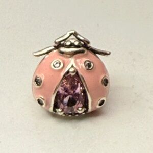 Sterling Silver Pink Enamel Ladybug Charm Pink CZ S925